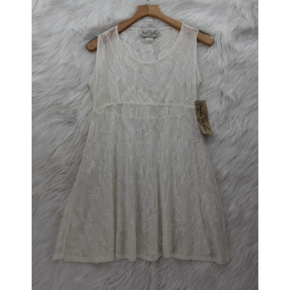 Vtg 70's Beauty Parlour Crochet Knit Dress Cover Up S Ivory Boho Sheer Romantic